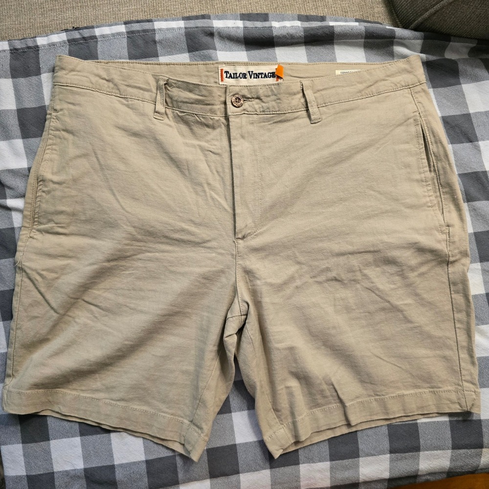 Tailor Vintage Men's Size 36 Linen Blend Khaki Shorts 8" Inseam Stretch